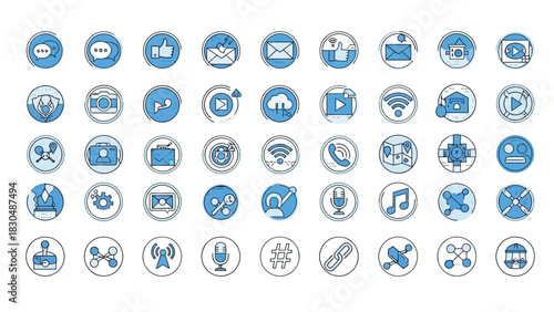 Vector illustration of collection of handdrawn social media and communication icons in blue, representing various online interactions and digital connectivity
