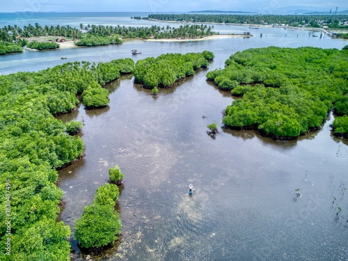 Bild auf Leinwand Mangrove channels with small boat near sandbar in tropical lagoon