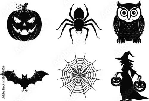 Halloween silhouette icons, spooky pumpkin, flying bat, spider web, witch with jack-o'-lanterns, owl, creepy spider, festive scary symbols