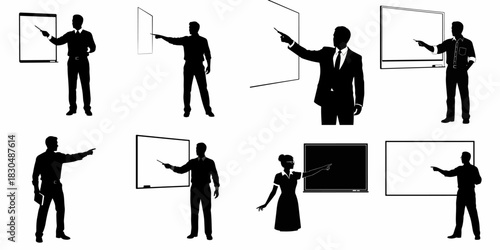 Collection of silhouettes of business men and women pointing and presenting on whiteboards and screens, representing education, training, and business meetings.