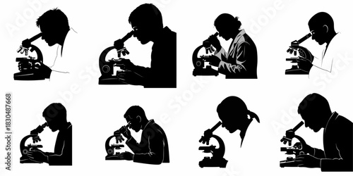 Vector silhouettes of scientists and students using microscopes, symbolizing research, discovery, laboratory work, and biological investigation.