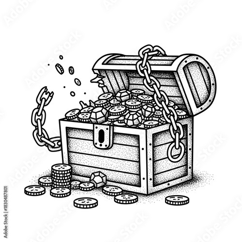 Treasure Chest Overflowing with Gold Coins and Jewels Secured by Heavy Chains.