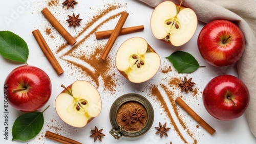Fototapeta Naklejka Na Ścianę i Meble -  Apples and Spices: An overhead shot showcases the artful arrangement of vibrant red apples, fragrant cinnamon sticks, aromatic star anise, and a dusting of spice