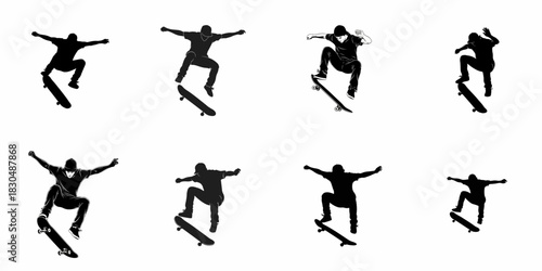 Eight black silhouettes of skateboarders performing dynamic mid-air tricks, illustrating action sports, extreme movement, and urban youth culture.