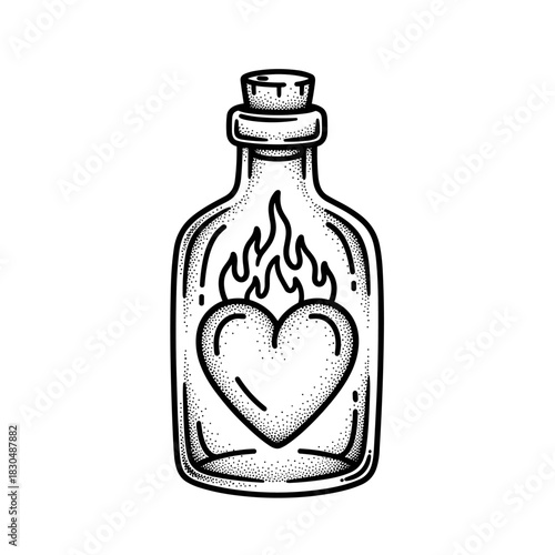 A Heart on Fire Inside a Glass Bottle with a Cork Stopper.