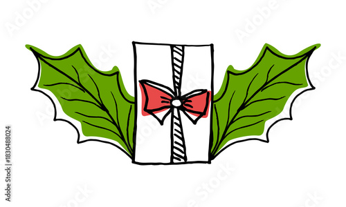 White gift box with a red bow and green holly leaves, hand-drawn illustration in the style of scribbles. Gift concept, special price design, Christmas and New Year sales in stores. Holiday design