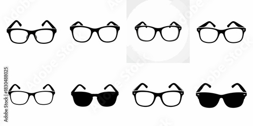 A collection of black vector icons showing various styles of eyeglasses, spectacles, and sunglasses, suitable for optometry and accessory design.