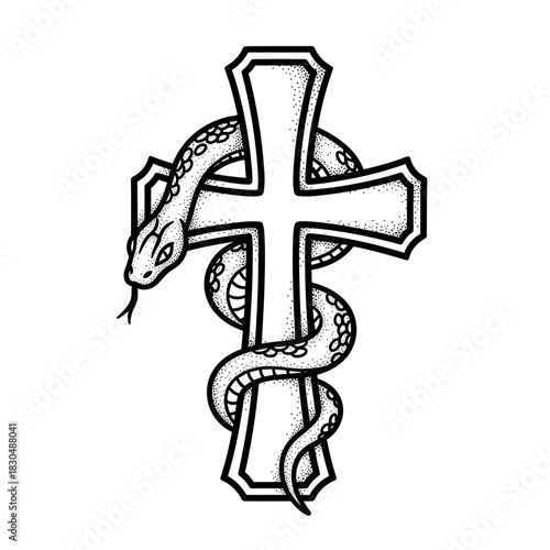 Christian Cross Wrapped by Serpent Symbolizing Faith and Temptation.
