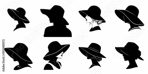Collection of Eight Elegant Black Silhouettes of Women in Wide-Brimmed Hats, Profile View, representing timeless fashion and beauty.