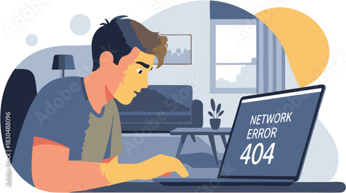 A frustrated man looking at his laptop screen which shows a 404 network error, symbolizing internet connection problems or a lost page. Modern flat vector illustration