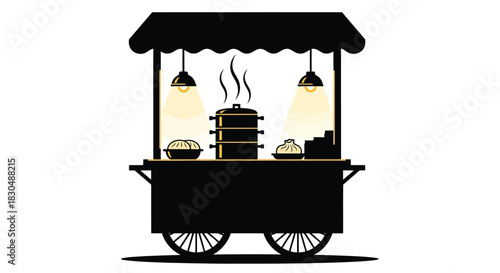 Indian Street Food Cart Silhouette Vector Icon with Steamer, Thela, and Chaat