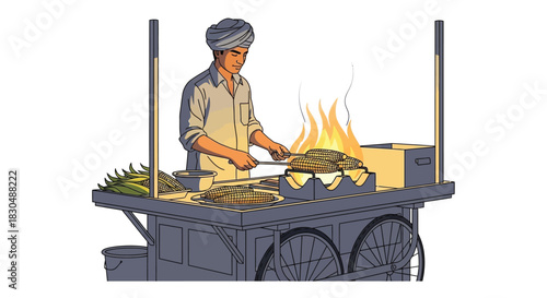 Indian Street Food Vendor Grilling Roasted Corn (Bhutta Wala) Over Open Fire Vector Illustration