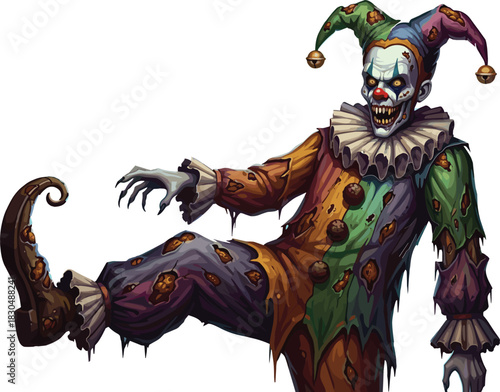 Grotesque jester clown, horror circus character, creepy multicolor costume, Halloween scary mime, eerie makeup, gothic theme, nightmare performer, spooky designGrotesque jester clown