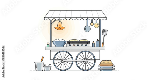 Clean Line Art Vector Illustration of Street Food Cart with Griddle, Hot Plate, and Cooking Tools