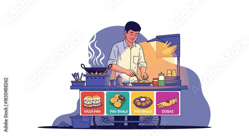 Modern Vector Illustration of Shawarma Street Food Cart with Vendor, Vertical Rotisserie, and Urban Lights