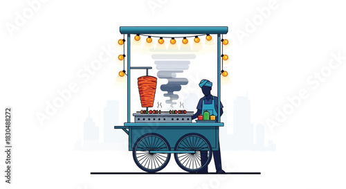 Modern Vector Illustration of Shawarma Street Food Cart with Vendor, Vertical Rotisserie, and Urban Lights