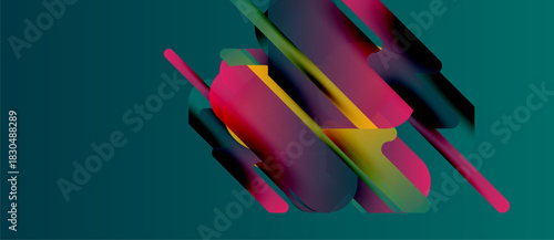 Abstract colorful shapes overlap, creating dynamic composition. Vivid hues blend, forming modern visual experience. Smooth gradients enhance depth.