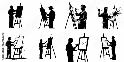 Eight Vector Silhouettes of Male Artists Painting on Easels, Isolated on White Background.