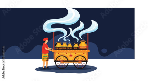 Colorful Vector Illustration of Indian Street Chai Tea Vendor Cart (Chai Wala Thela)
