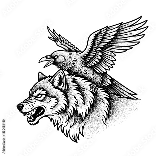 A fierce wolf with a raven perched on its back in a detailed illustration.