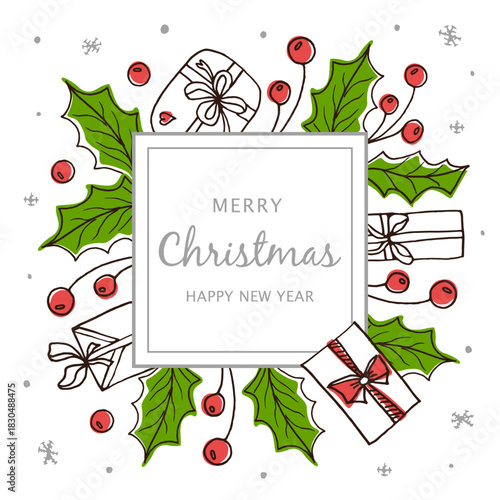 Christmas frame with holly berries, gifts, and snowflakes. Holiday card design with traditional winter elements for celebration. New Year background with space for text. Square template for greetings