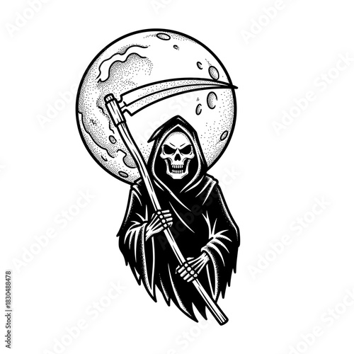 Grim Reaper holding a scythe in front of a full moon.