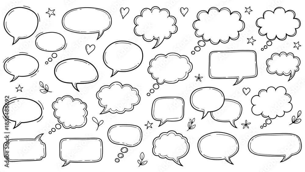 Fototapeta premium Hand drawn speech bubbles collection in doodle style for comic and message