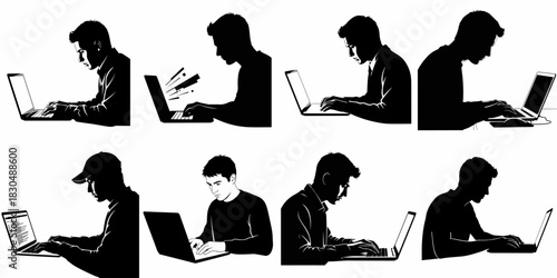 Collection of silhouettes and graphic illustrations depicting men intensely working on laptops, symbolizing programming, hacking, remote work, and technology professionals.