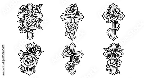Set of Six Ornate Crosses Adorned with Roses and Ribbons.