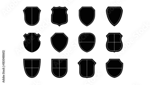 Collection of twelve unique shield silhouettes for heraldry and design
