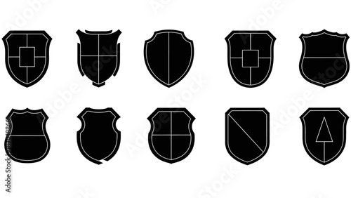 Set of ten black and white shield silhouettes for heraldry and design