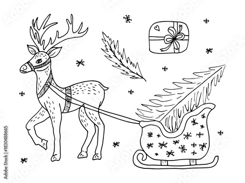 A deer pulling a sleigh with a Christmas tree and a gift. Concept for decorating a holiday card for the winter season. Christmas illustrations in the doodle style. Elements of holiday decoration.
