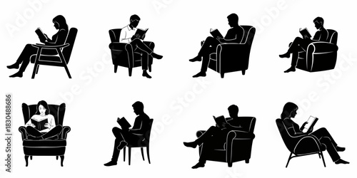 Set of eight black vector silhouettes showing men and women reading books in various comfortable chairs.