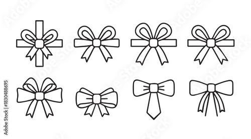 Collection of eight distinctive hand drawn bow tie and ribbon bow silhouettes