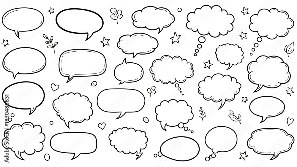 Fototapeta premium Hand drawn speech bubbles and thought clouds vector illustration on white background