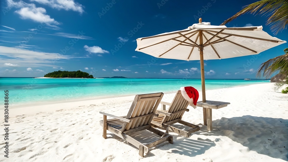 Obraz premium Two empty wooden lounge chairs sit under a large white beach umbrella on a tropical white sand beach with turquoise water and a small island in the distance, featuring a santa hat