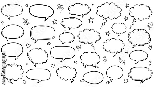 Hand drawn speech bubbles and thought clouds vector illustration on white background
