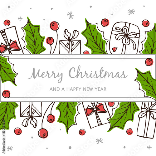 Bright Christmas and New Year greeting cards with holly, berries, gifts, and snowflakes. Holiday seasonal background, frame for text greetings, announcements, and winter sales.