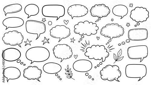 Hand drawn speech bubbles and thought bubbles set in doodle style illustration
