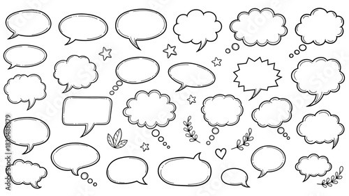 Hand drawn speech bubbles and thought bubbles doodle style collection