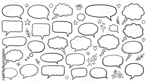 Hand drawn speech bubbles and thought bubbles doodle collection on white