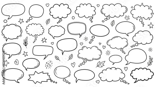 Hand drawn speech bubbles and thought clouds doodles vector set on white
