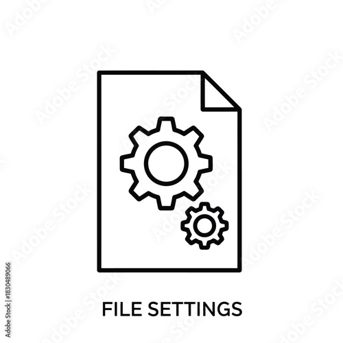 Vector illustration of a file settings icon features a document with a folded corner and two gears, representing configuration options and preferences