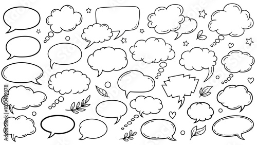 Hand drawn speech bubbles collection in various shapes and sizes on white
