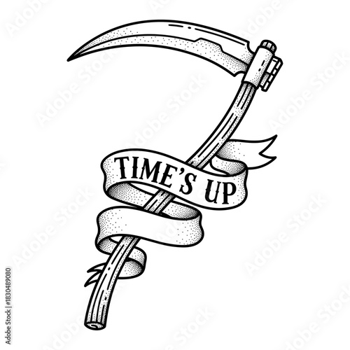 Grim Reaper Scythe with Times Up Banner Tattoo Design.