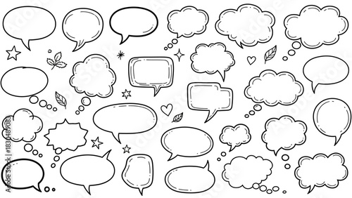 Hand drawn speech bubbles and thought clouds collection in black and white