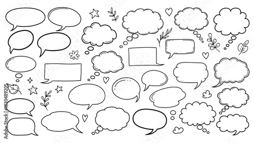 Hand drawn speech bubbles and thought clouds doodle set vector illustration