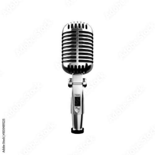 Vintage halftone illustration of a classic retro microphone isolated on white background.