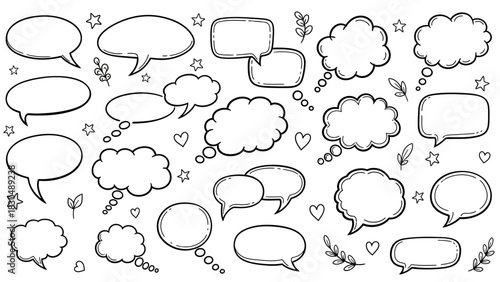 Hand drawn speech bubbles collection in various shapes for communication and design