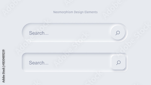 Search bar. SEO background. Soft rounded search fields with subtle shadows on light background showing minimal UI style and magnifier icons. Modern vector illustration in neomorphism style.